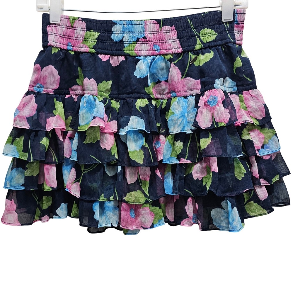 Hollister Floral Mini Skirt Navy Blue Ruffle Tiered Smocked Waist Womens Size M